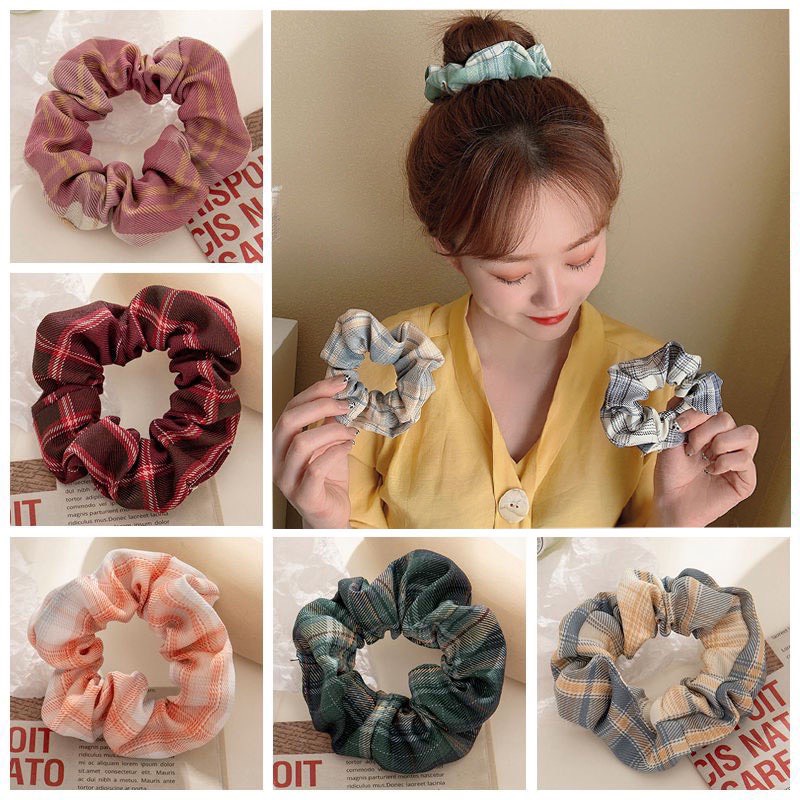 Buộc tóc voan scrunchies vòng kẻ nhiều mẫu