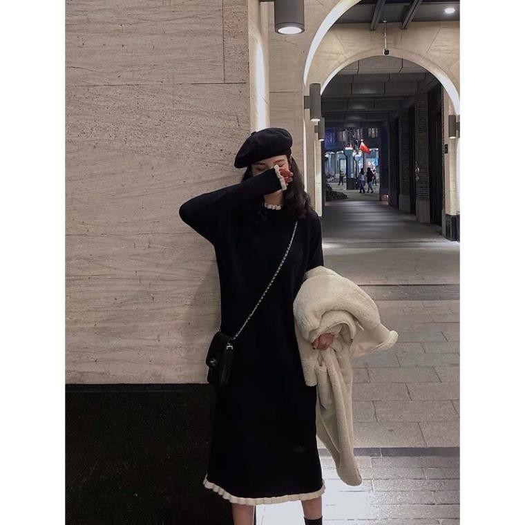 Váy len dài màu đen bèo trắng mùa đông phong cách Hàn Quốc 2020 *
