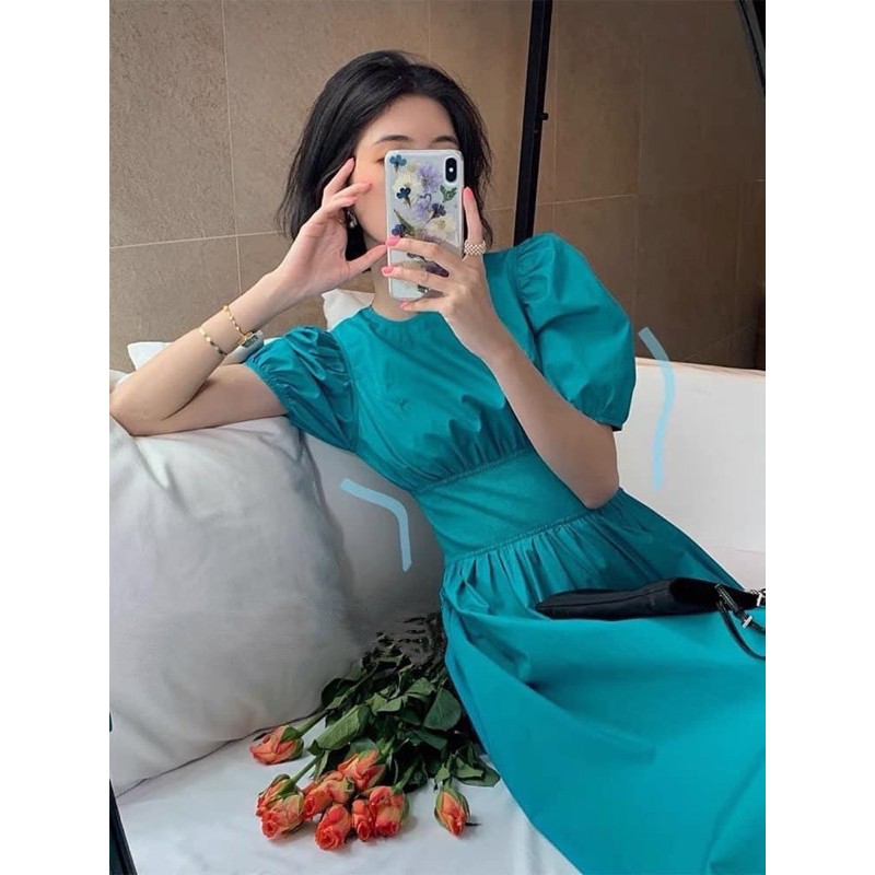 Đầm xanh vintage thô tay bồng dáng xoè nhẹ tiểu thư siêu xinh, Váy kiểu nữ dự tiệc sang trọng bo eo hàng đẹp | BigBuy360 - bigbuy360.vn