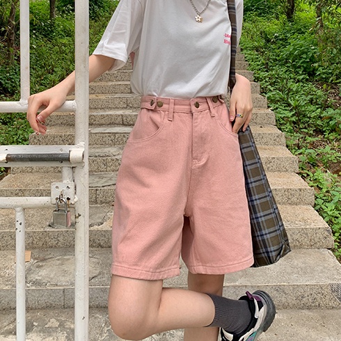 Quần short denim SUXI lưng cao màu trơn thời trang cho nữ