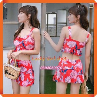 Bikini Bộ Bơi Đồ Bơi 2 Mảnh Hoa Leo Áo Bèo Chân, Váy Đuôi Cá Gợi Cảm Free Size Dưới 52kg