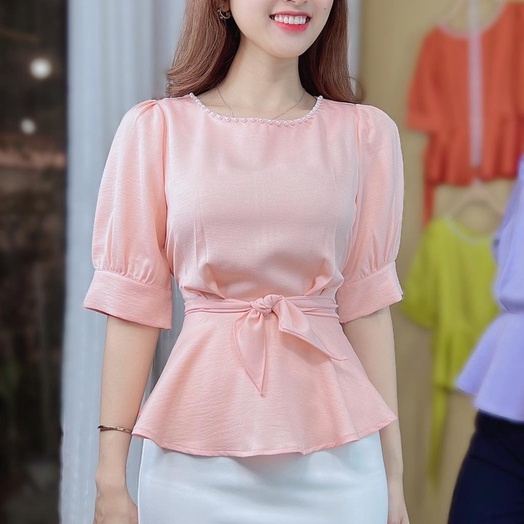 Áo Peplum cổ tròn đính ngọc kiểu eo cột nơ giấu bụng tay phồng CHUU A8008