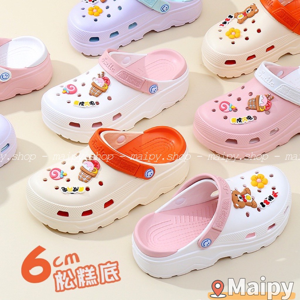 Sục y tá đế dày, Dép cross siêu nhẹ chống trượt, đi mưa, chống trơn tặng kèm Jibbitz - Maipy