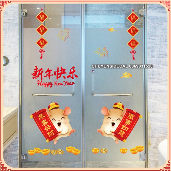 Decal dán Tết - Cặp Chuột Cầm tờ Liễu chúc Xuân