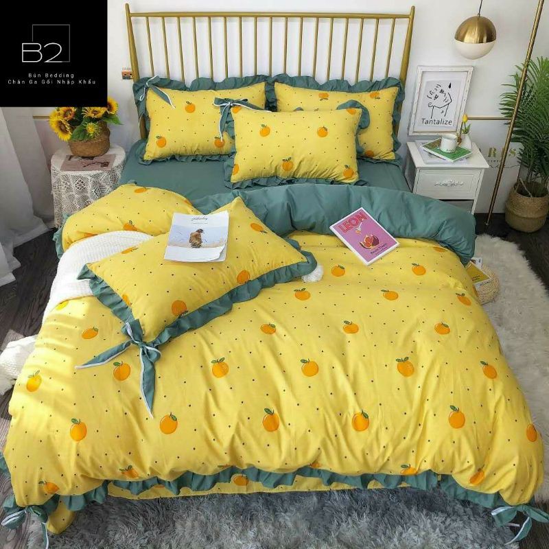 Bộ Chăn Ga Gối Chất Liệu Cotton Silk Bèo Nơ Cute Nhập Khẩu 4 Món - loại 1