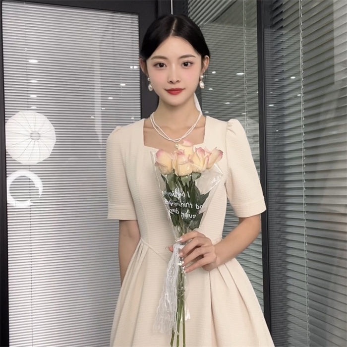 Đầm Dài Tay Ngắn Chiết Eo Cao Thiết Kế Thanh Lịch Cho Nữ