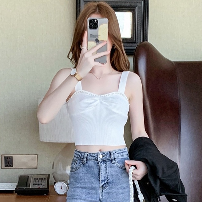 Áo hai dây ZHELIHANGFEI dệt kim ngắn đính hạt công nghiệp gợi cảm