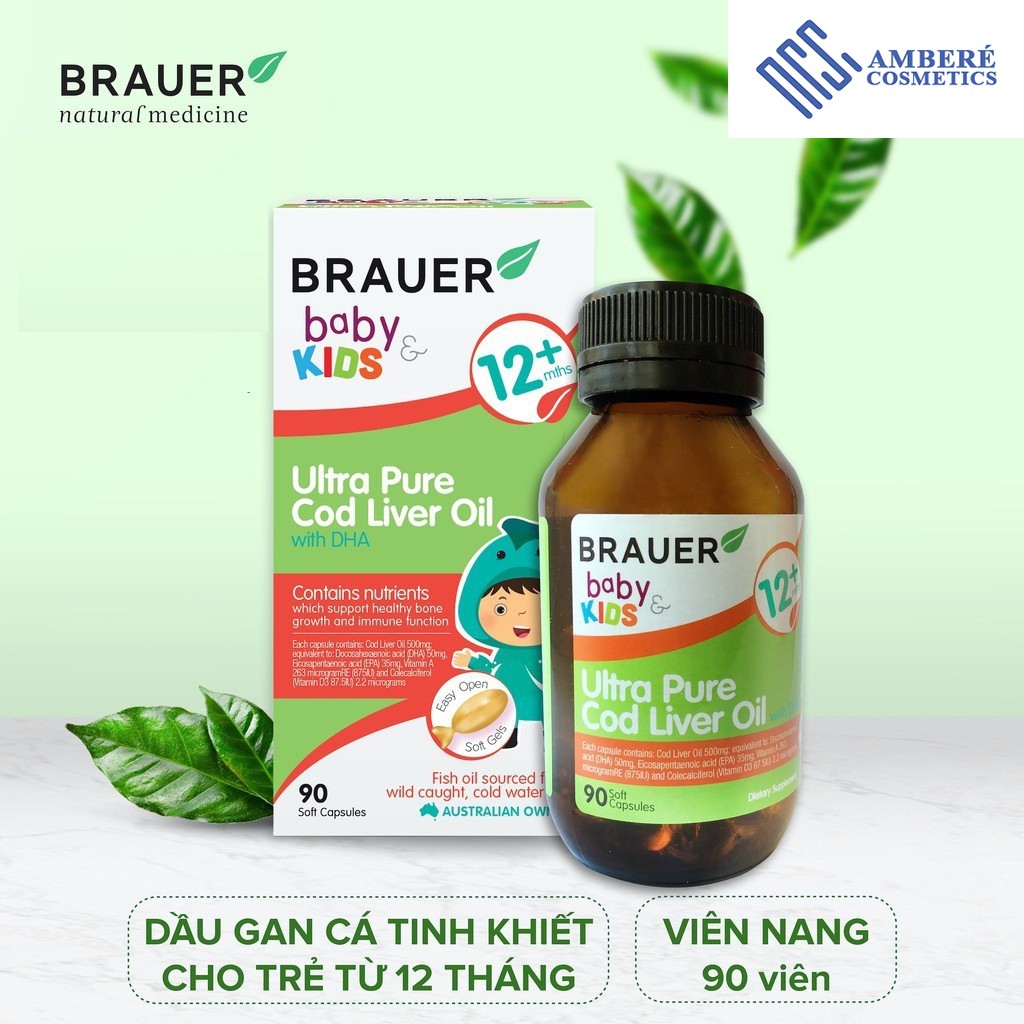 Viên uống bổ sung DHA Brauer Baby &amp; Kids Ultra Pure Cod Liver Oil cho trẻ từ 12 tháng hộp 90 viên