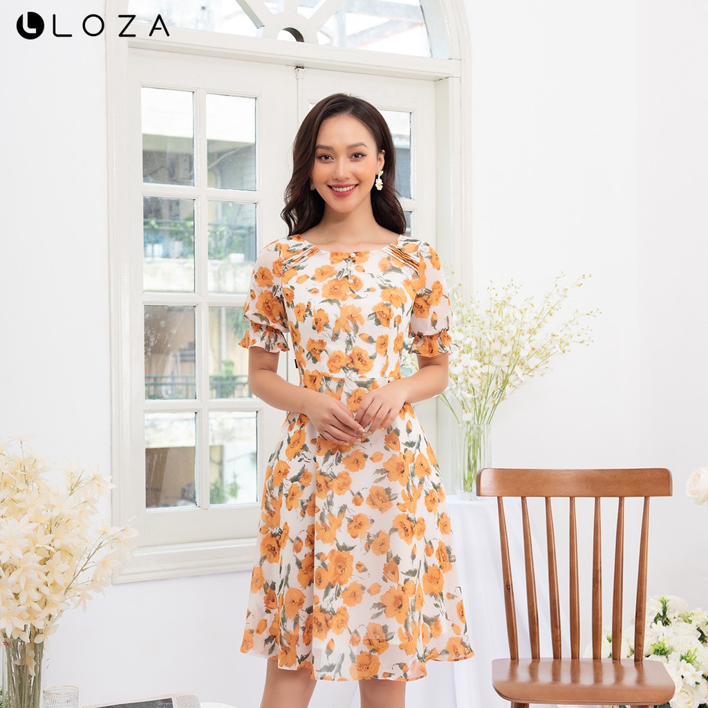 [Mã FASHIONMALLT4 giảm 15% đơn 150k] Đầm dáng xòe LOZA họa tiết hoa tay cộc - LD2478