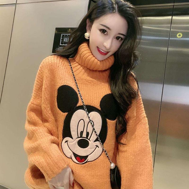 Áo Sweater Len Cổ Lọ In Hình Chuột Mickey Đáng Yêu