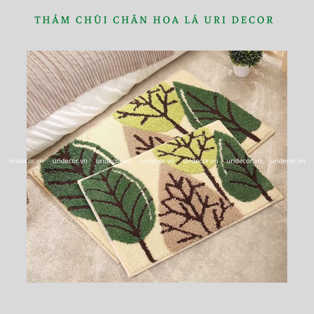 Thảm chùi chân, thảm lau chân nhà tắm in 3D họa tiết hoa lá mặt lông siêu thấm nước chống trơn trượt cao cấp URI DECOR