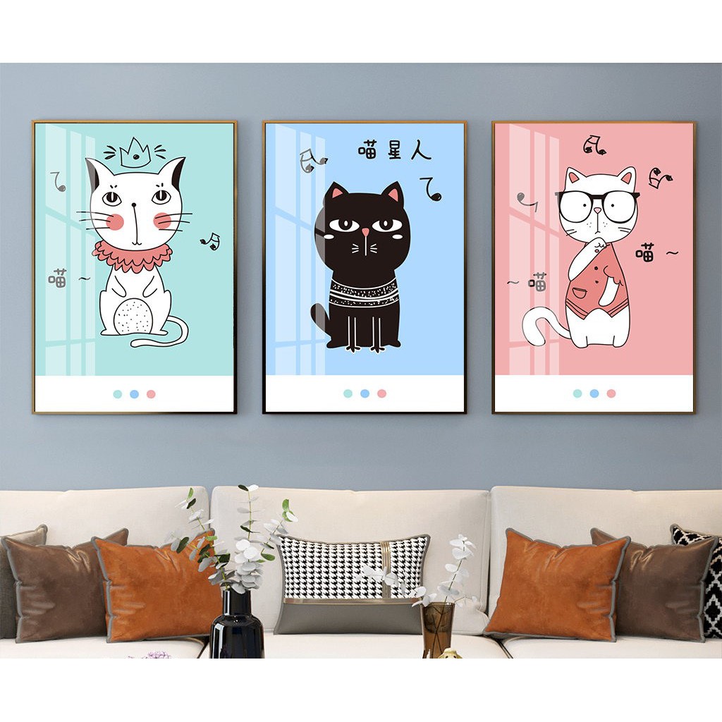 Bộ 3 Tranh Canvas Treo Tường Cao Cấp Con Mèo Hoạt Hình Cho Phòng Bé Baby Nhận biệt Động Vật - Melyhome Decor