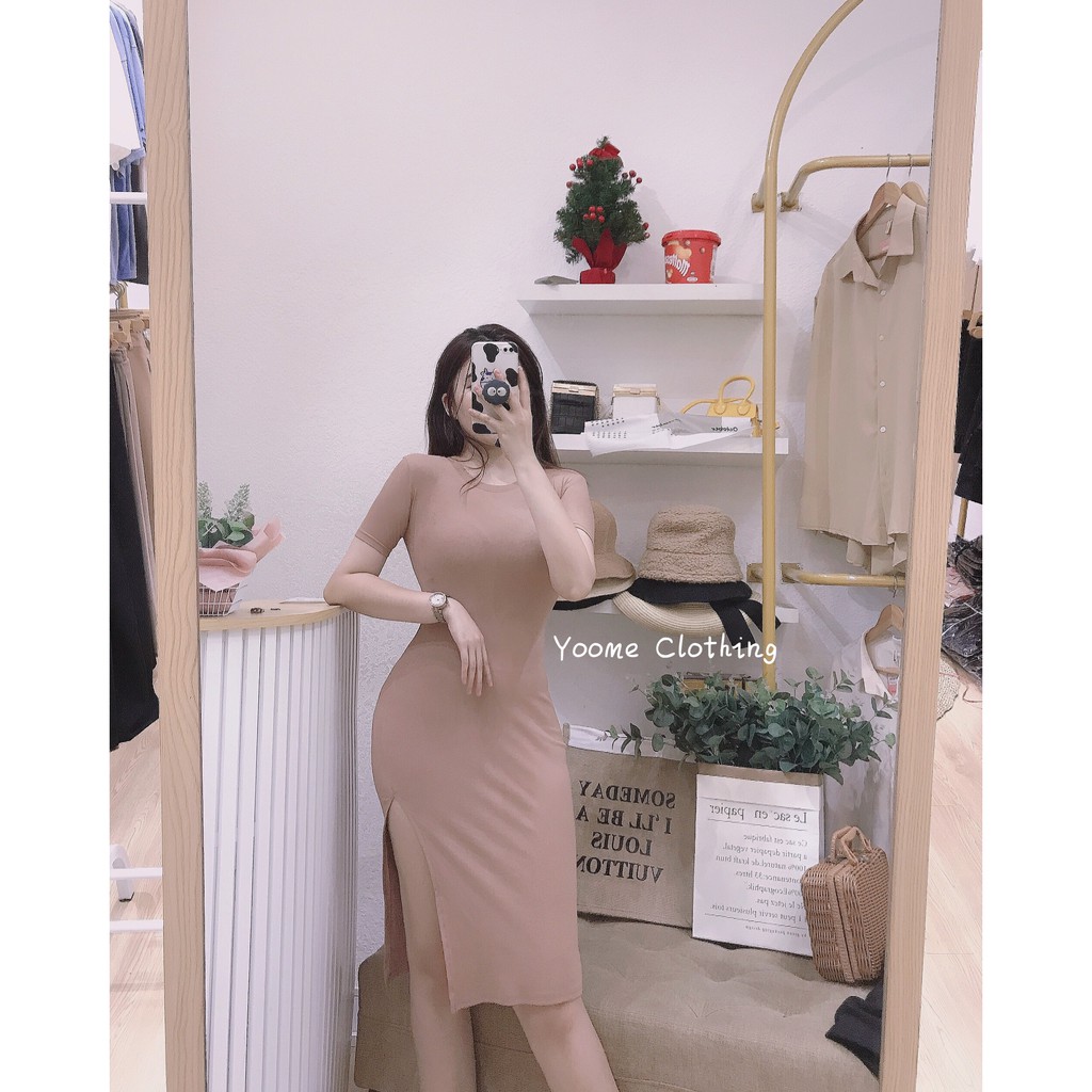 Váy body xẻ đùi cổ tròn tay cộc chất cottonzip co giãn đa chiều cho nữ Yoomeclothing