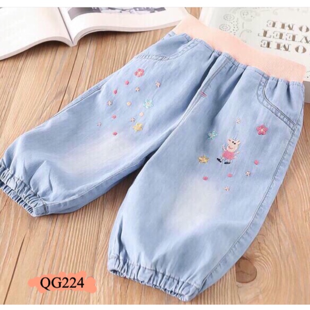 2-8T: Quần lửng bò giấy bạn Lợn thêu hoa