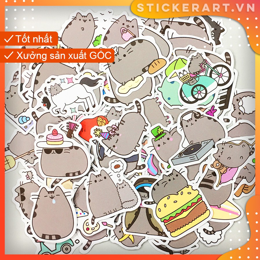 [PUSHEEN CAT] 100 Sticker 5CM chống nước dán laptop vali xe mũ bảo hiểm nhà cửa ...