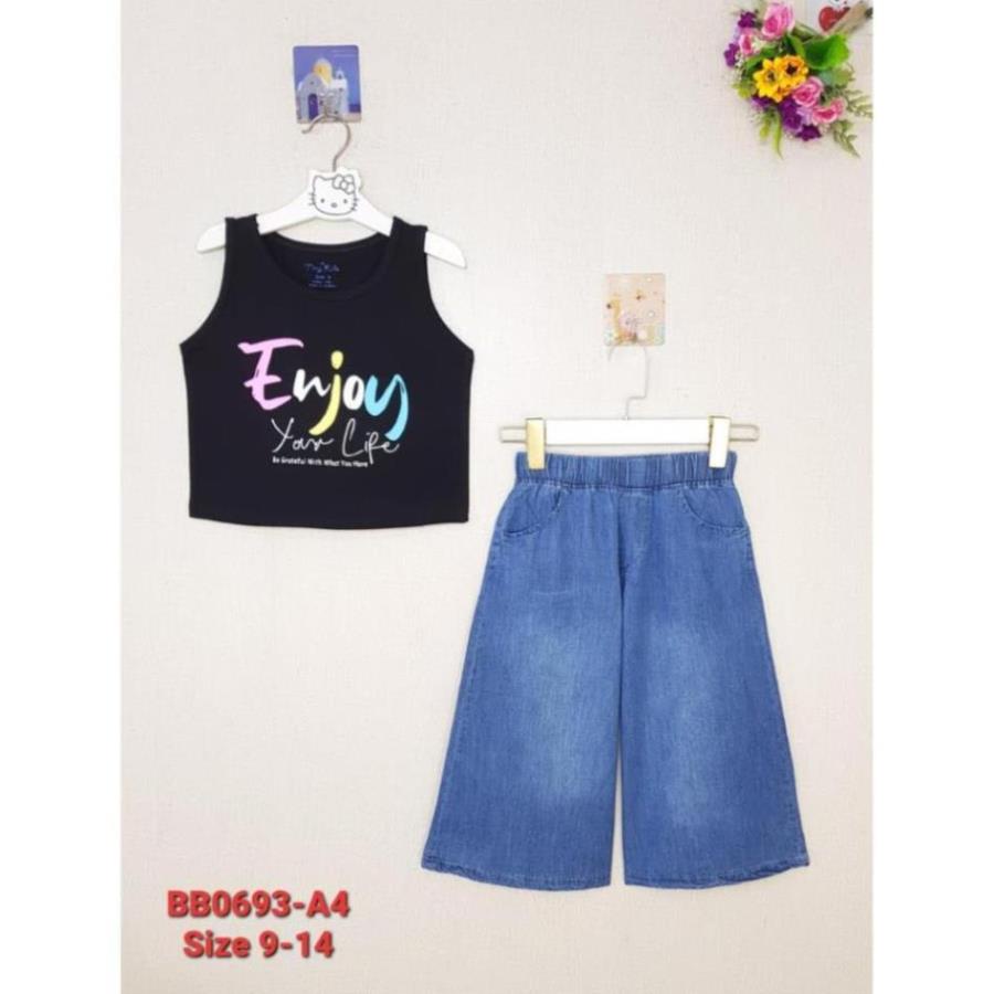 BB0693-A4 - Bộ bé gái cotton sát nách quần jean ống loe , in chữ ENJOY , màu đen , size nhỡ 9t-14t