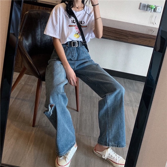 (Size 30-35) Quần Dài Suông Rộng Phom Dài 105cm Rách Sole 2 Bên Sườn - Lưng Cao, Không Giãn