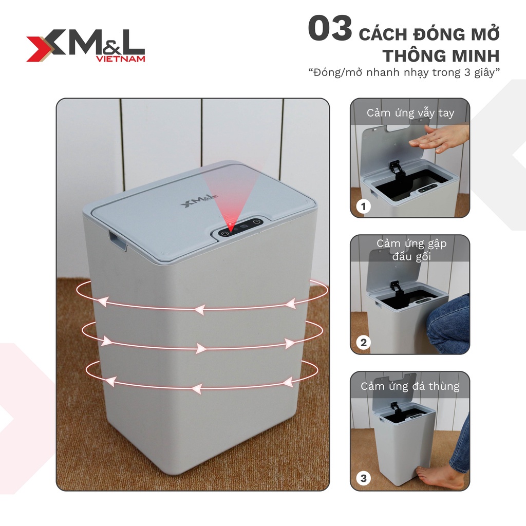 [ẢNH THẬT + VIDEO] Thùng rác cảm ứng thông minh 15 lít M&amp;L FH-2 - Hàng chính hãng bảo hành 03 tháng màu đen