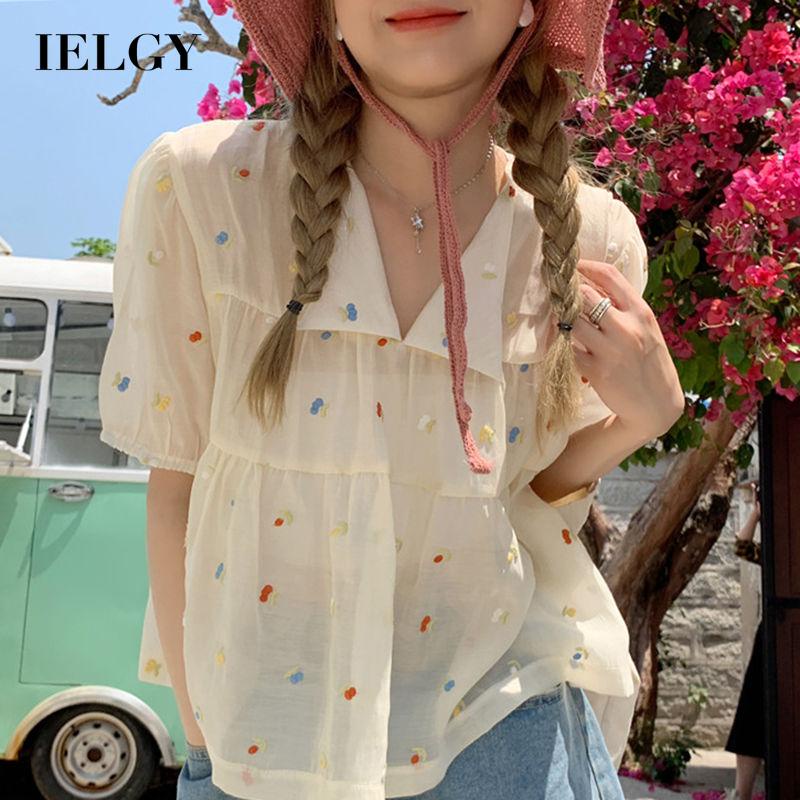 Áo IELGY tay phồng dáng ngắn mềm thêu họa tiết phong cách ngọt ngào cho nữ