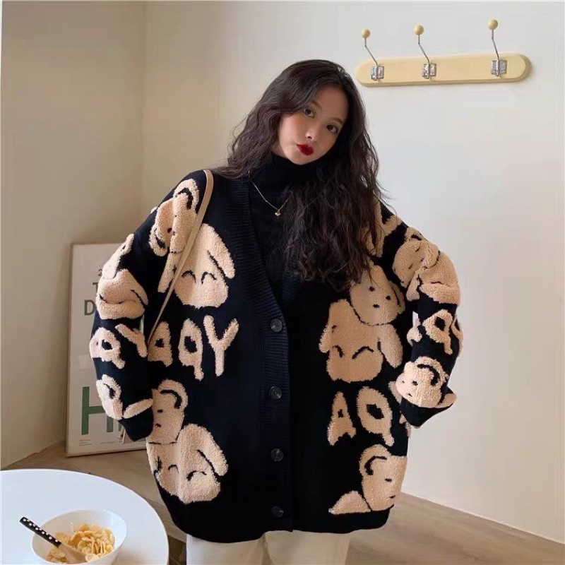 Áo Cardigan Khoác Len Đen Hoạ Tiết Gấu Vàng Lông Xù