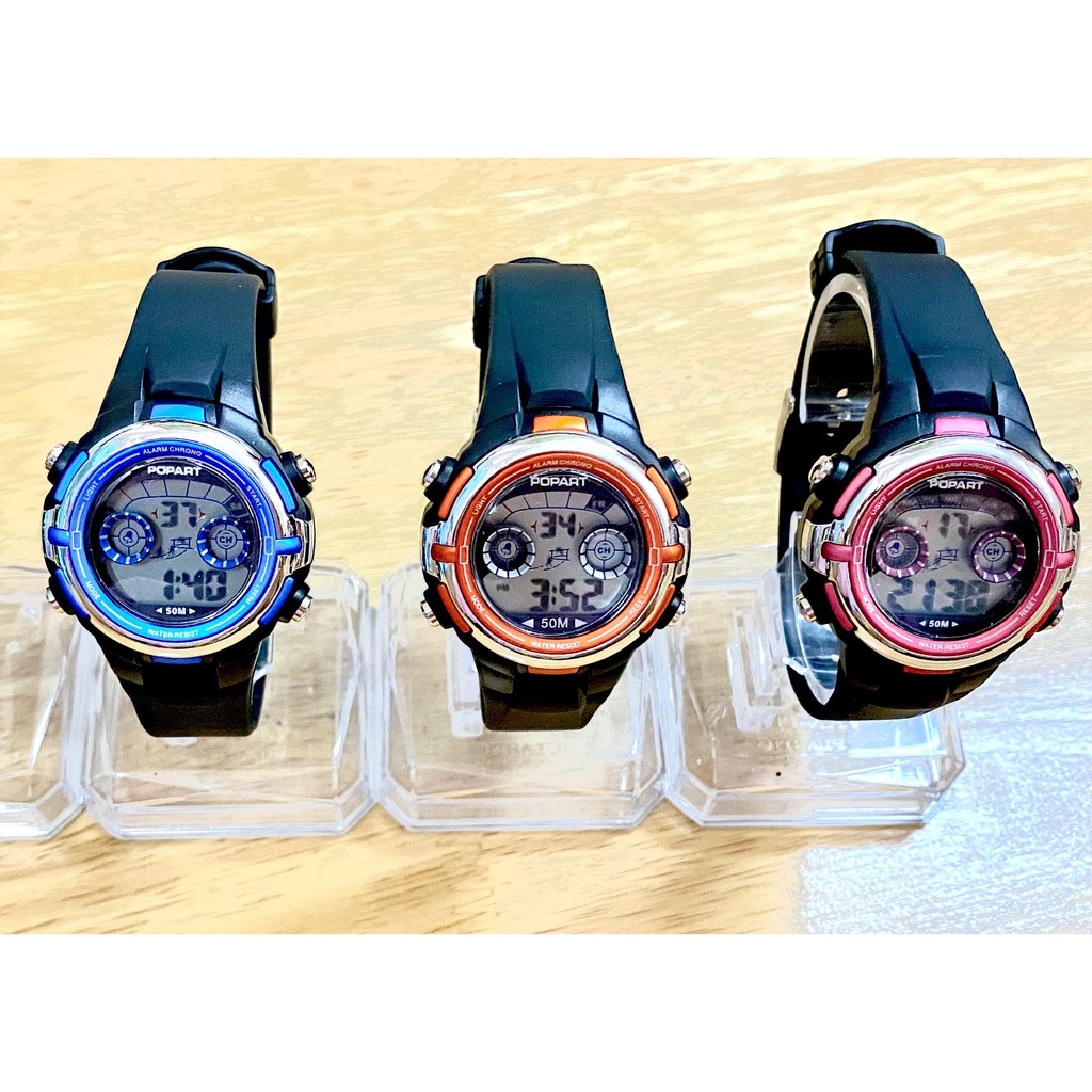 Đồng hồ điện tử POPART nam nữ, dây đen mặt viền màu
