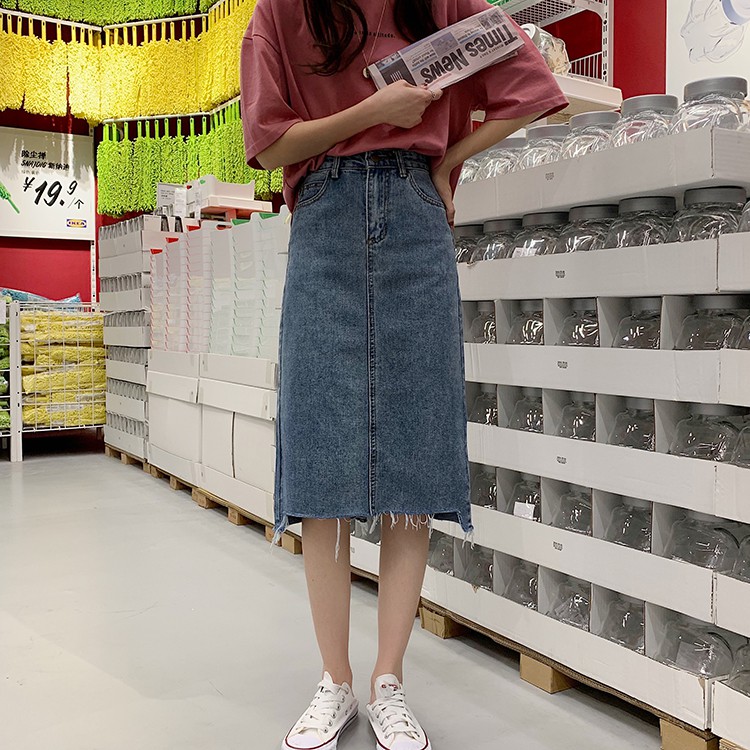 Chân váy jeans midi dáng dài váy jean TOTICHAN CVJ01