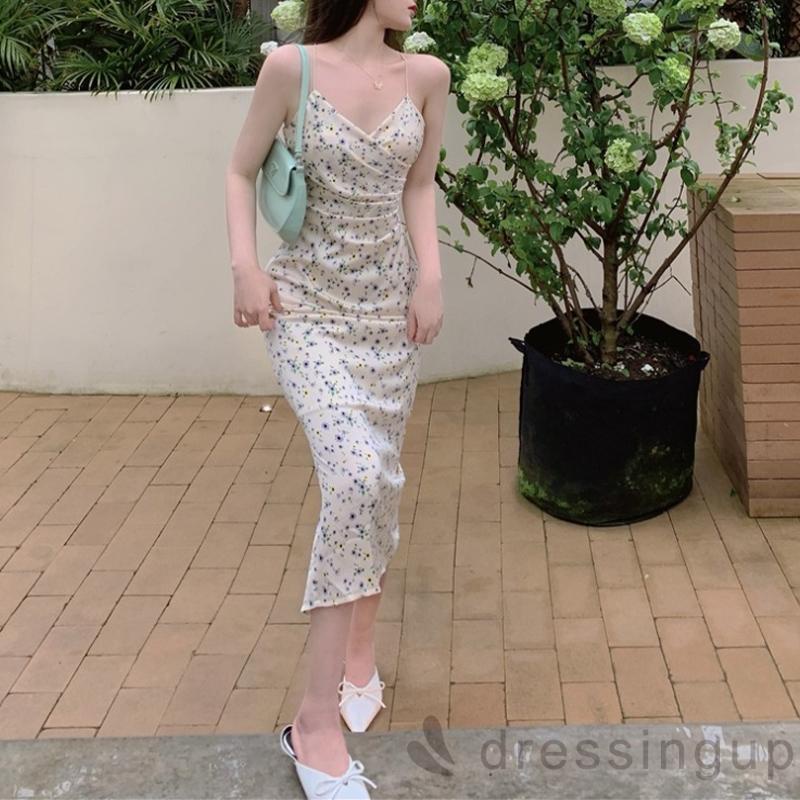 DRE-Female Summer Dress, Floral Print V-Neck Sleeveless Spaghetti Strap Ruched Dress, S/M/L