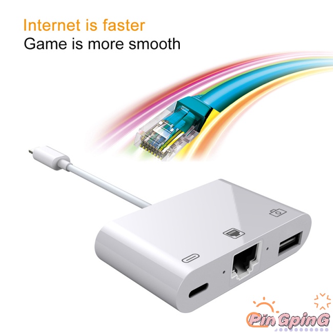 Bộ Chuyển Đổi Đầu Đọc Thẻ Mạng LAN Có Dây Tốc Độ Cao Sang RJ45 Ethernet LAN Cho iPhone / iPad Với 3 Cổng Sạc USB