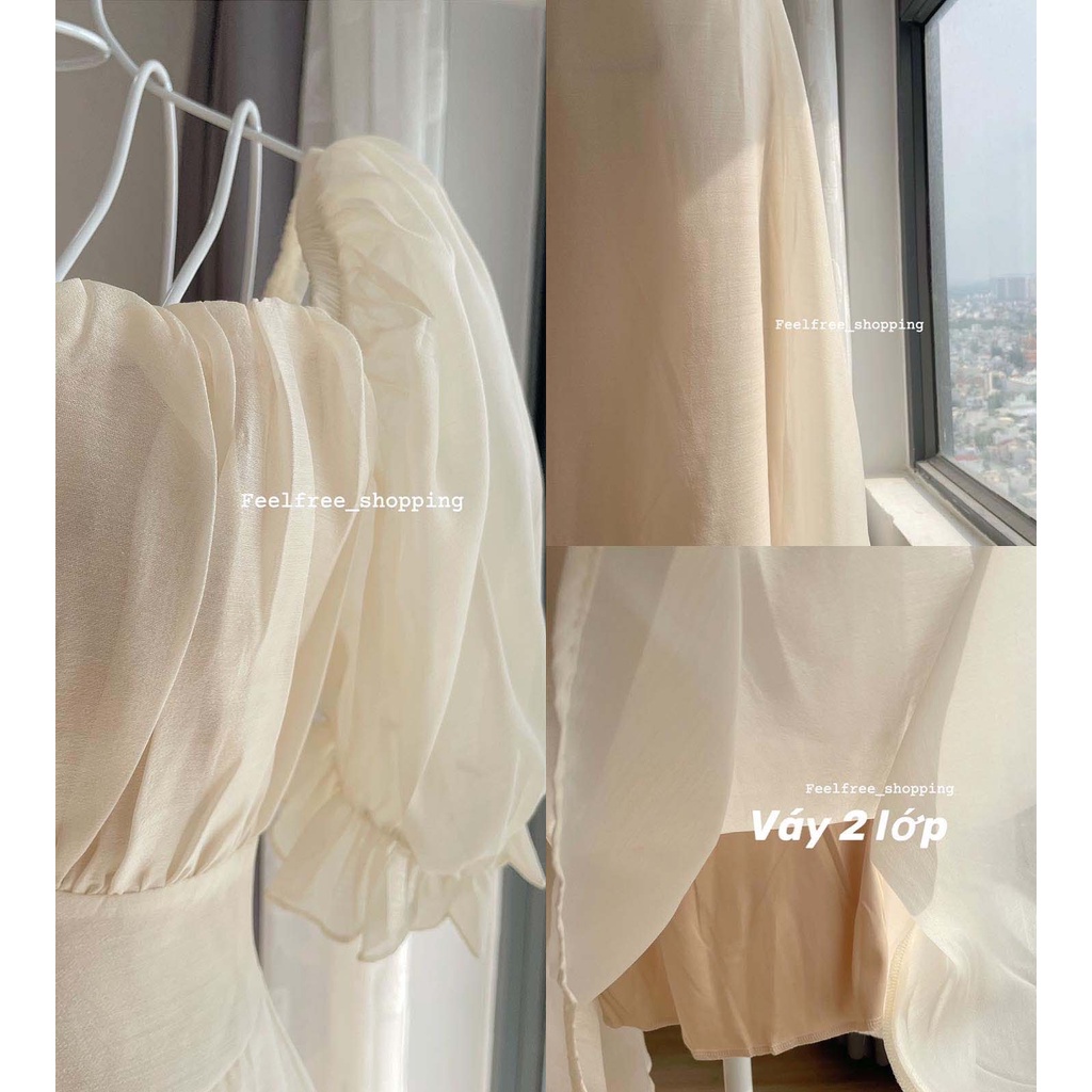 Đầm Be Cổ Vuông 2 Lớp Tay Phồng Ngắn Thắt Nơ Eo Mặc Đi Tiệc, Đi Chơi, Kỷ Yếu (Hình Thật) D012