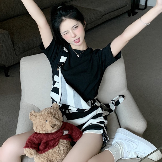 Jumpsuit Dây Rút Kẻ Sọc Dáng Rộng Tay Ngắn Thời Trang Mùa Hè Cho Nữ