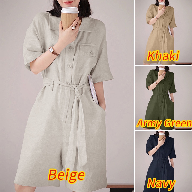 Áo liền quần ZANZEA tay lửng cổ bẻ có thắt lưng màu trơn thời trang dành cho nữ