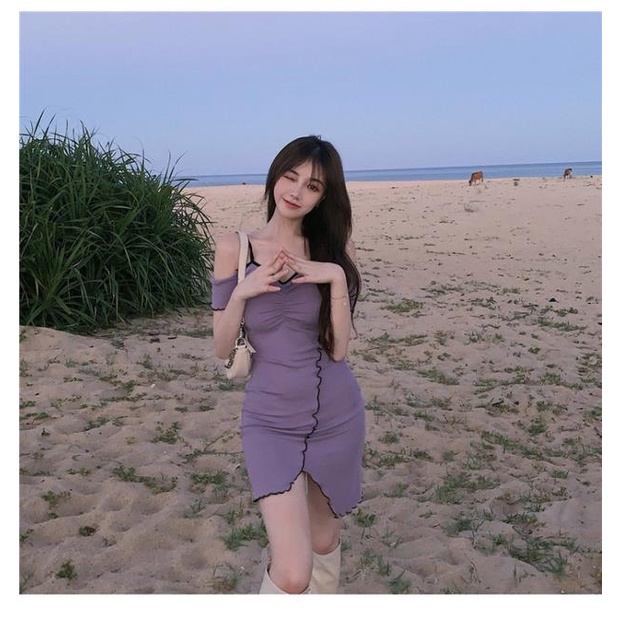 Đầm Hai Dây Trễ Vai Màu Tím Phong Cách Pháp Quyến Rũ