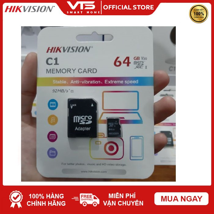 Thẻ nhớ 64GB HIKVISION Micro SD Class 10 C1 upto 92MB/S - Chuyên Dụng Cho Camera - Bảo Hành 3 Năm - VTS