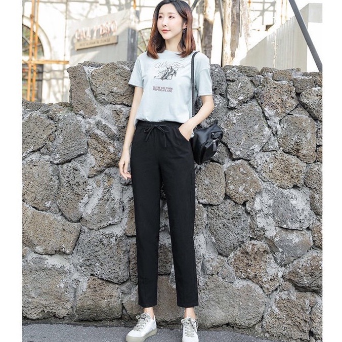 Quần baggy nữ cạp chun thun vải đũi hàn màu đen chất vải mềm mát lưng cao Quần đũi dài mát mặc ở nhà đi học thể thao đẹp
