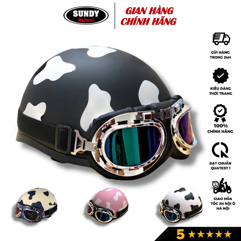 Mũ bảo hiểm nửa đầu SUNDY Helmets, có kính UV, phi công, tem Bò Sữa cute, an toàn, chất lượng, Freesize