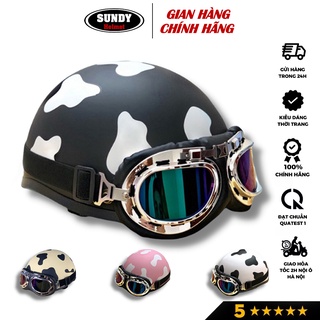 Mũ bảo hiểm nửa đầu SUNDY Helmets, có kính UV, phi công, tem Bò Sữa cute