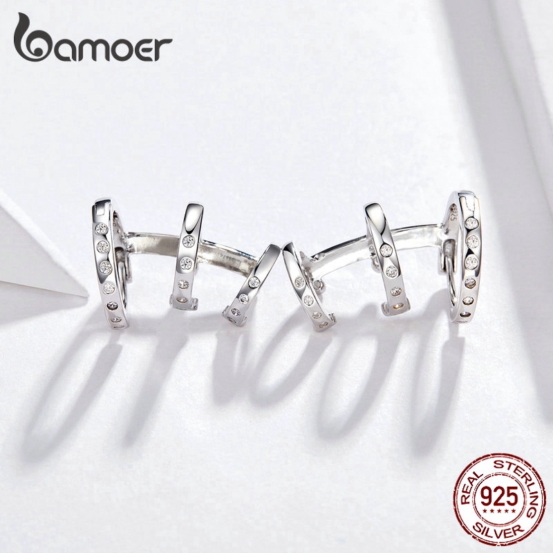 Hoa tai dạng kẹp Bamoer bằng bạc Sterling 925 3 vòng tròn phong cách punk cho nữ