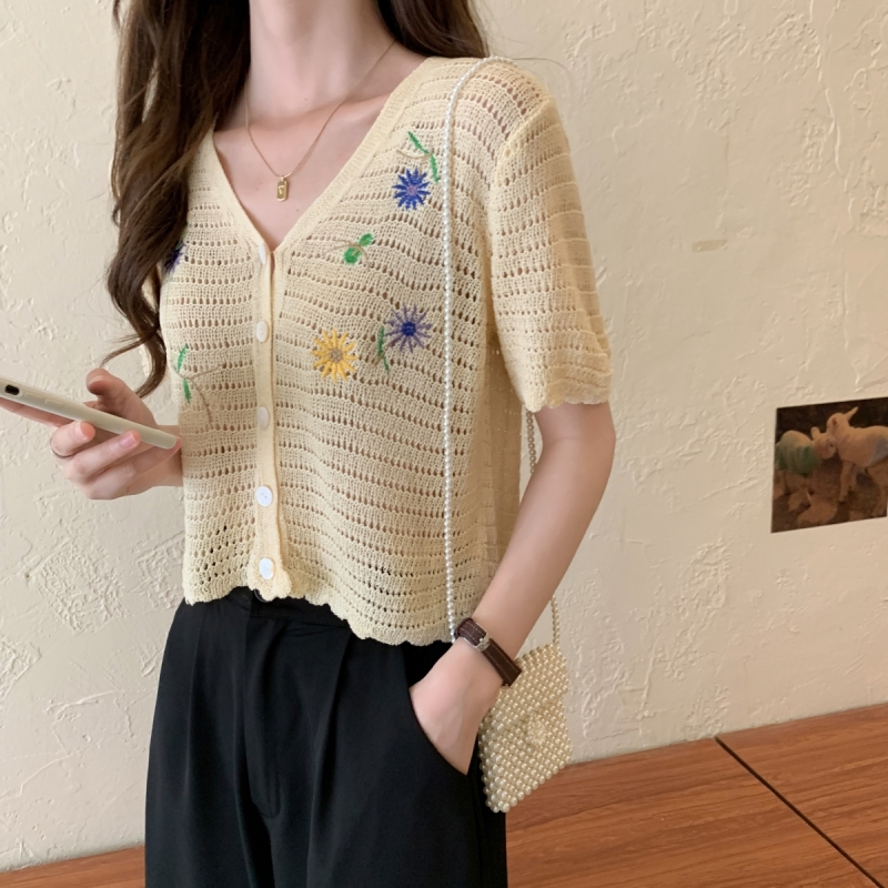 Áo Cardigan Dệt Kim Tay Ngắn Hoạ Tiết Hoa Thêu Cho Phái Nữ