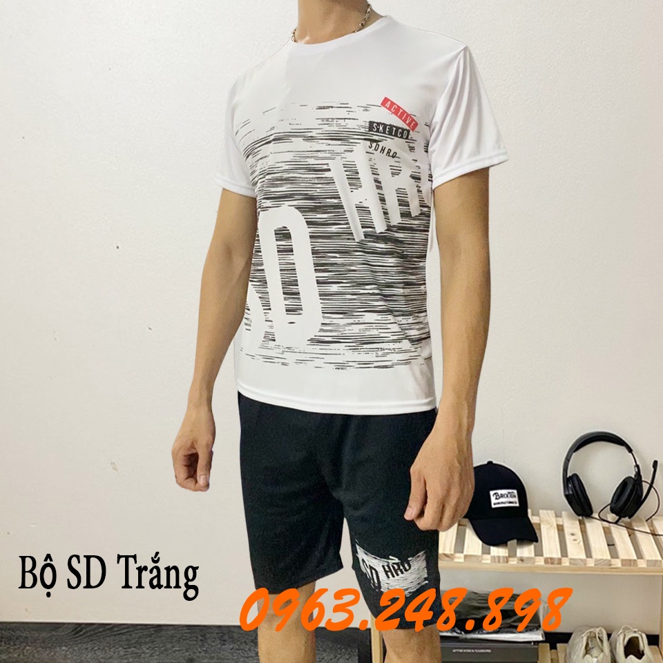 Bộ thun nam SD Trắng cổ tròn quần đùi áo cộc tay co dãn tốt, vải mặc mềm, nhẹ và không phai mầu - Bộ Thun Thể Thao Nam
