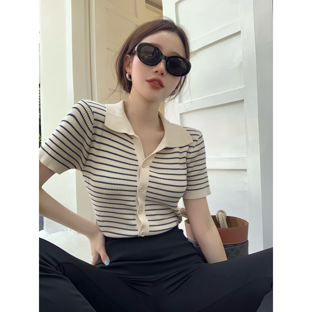 LALISAS Áo cardigan Dệt Kim Tay Ngắn Cổ POLO Họa Tiết Kẻ Sọc Thời Trang Hàn Quốc Cho Nữ