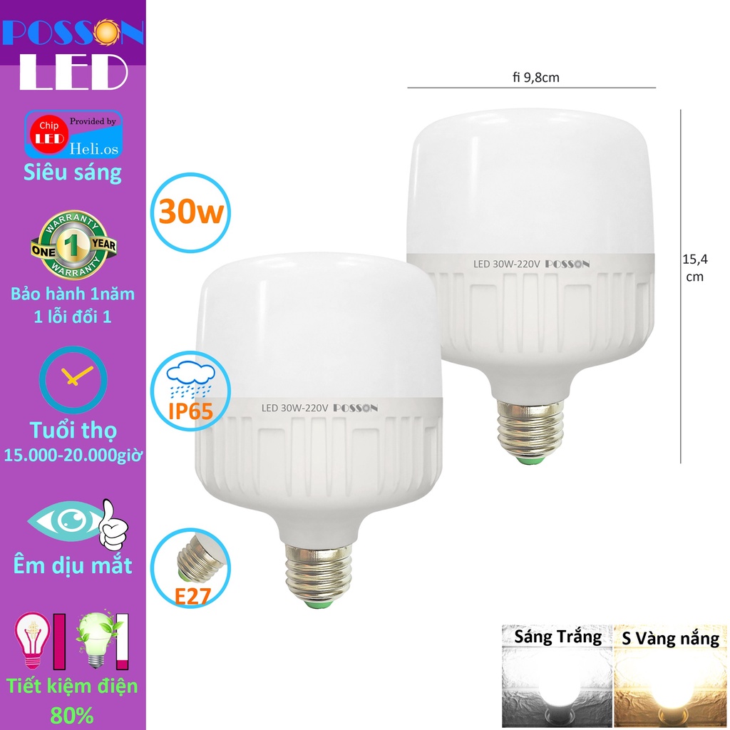 2 Bóng đèn Led trụ 30w bup trụ bulb siêu sáng tiết kiệm điện kín chống nước Posson LC-30x