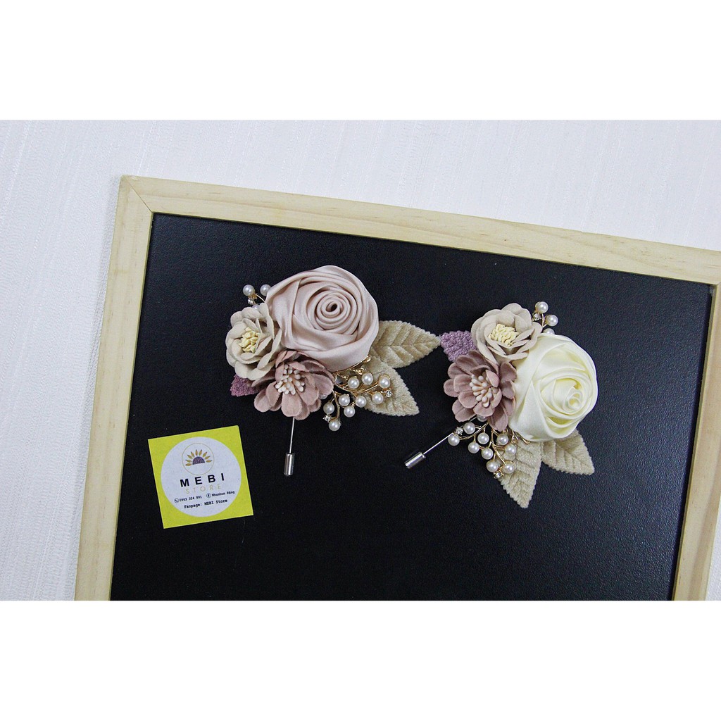 (ảnh thật %) Hoa cài áo hangmade mẫu hồng cuộn mix 2 hoa dạ và cành trai siêu xinh