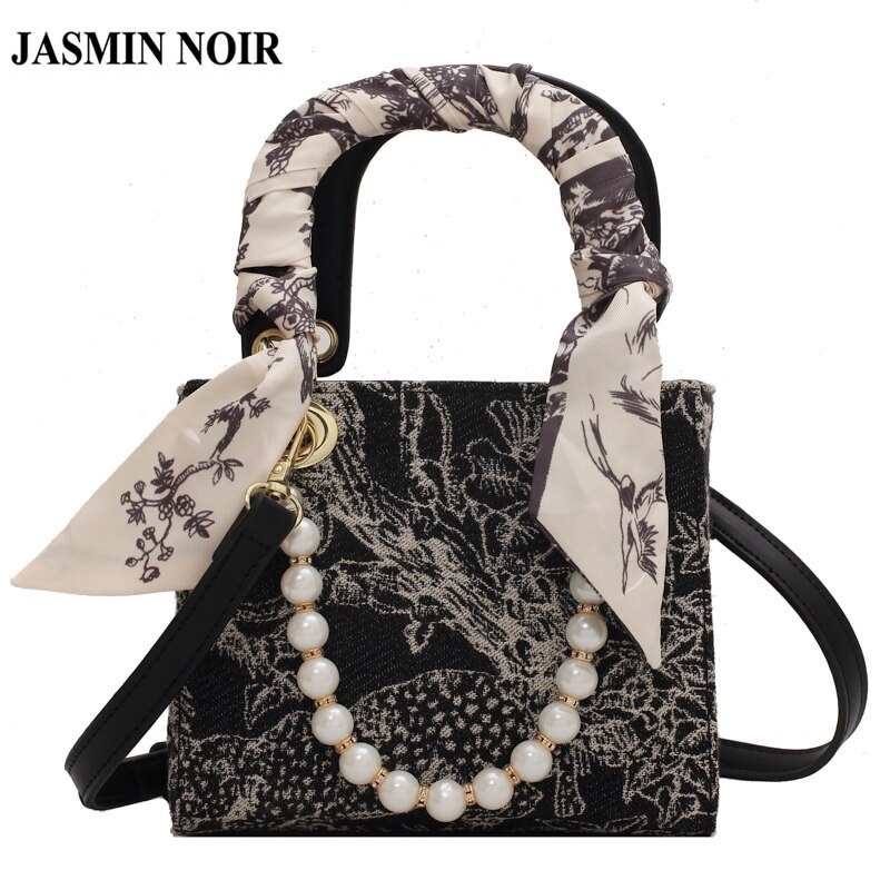Túi đeo vai JASMIN NOIR dệt kim mini có tay cầm ngắn đính cườm/ khăn quàng cổ lụa cho nữ
