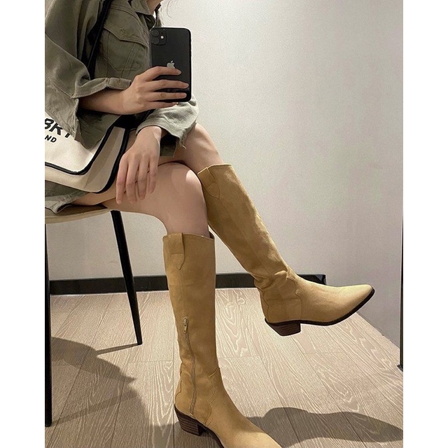 Boot nữ cao bồi da lộn mũi nhọn cá tính Giày bốt nữ cao bồi da lộn