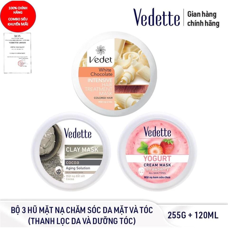 Bộ mặt nạ chăm sóc da và tóc toàn diện Vedette *THANH LỌC DA VÀ DƯỠNG TÓC* [BÙN 145+ DÂU 120 +SOCOLA TRẮNG 110]