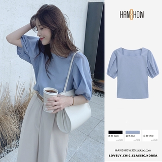 Áo Kiểu Tay Phồng Cổ Vuông Màu Trơn Phong Cách Vintage Hàn Quốc