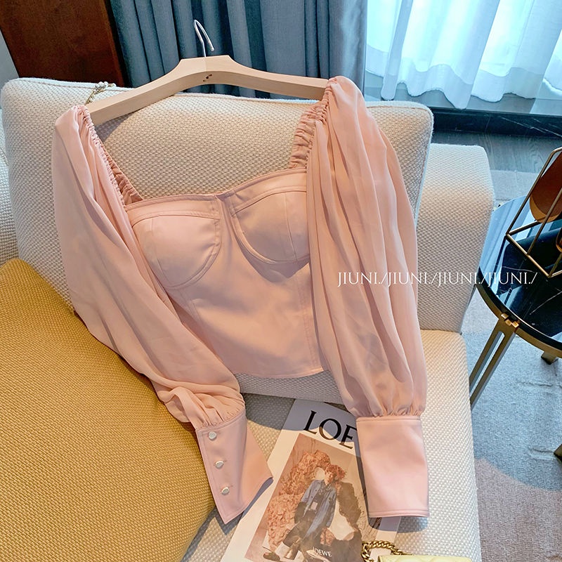 Áo Sơ Mi Chiffon Tay Phồng Cổ Vuông Màu Hồng Thời Trang Mùa Hè Phong Cách Mới Dành Cho Nữ