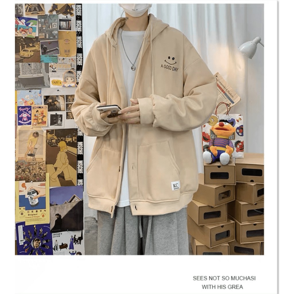 ÁO KHOÁC HOODIE NÚT GÀI MẶT CƯỜI FORM RỘNG CHO NAM CỰC HOT TU