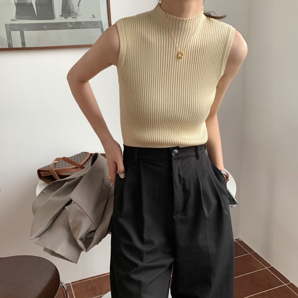 Áo dệt kim hai dây phong cách retro Hong Kong đơn giản cho nữ