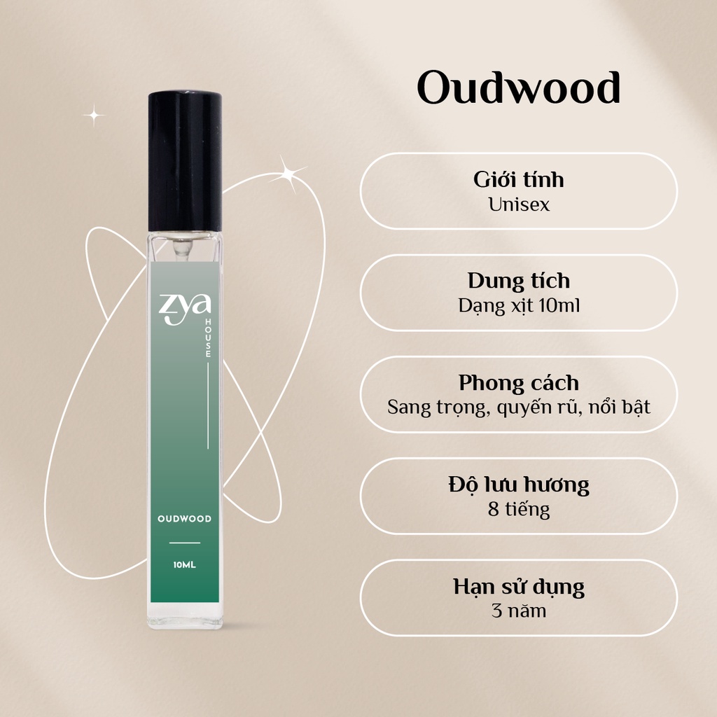 Nước Hoa Unisex Zya Oudwood Chiết Xuất Từ Hương Gỗ Phương Đông Hiện Đại, Thơm Lâu Trên 6 Tiếng - Dung Tích 10ml Dạng Xị